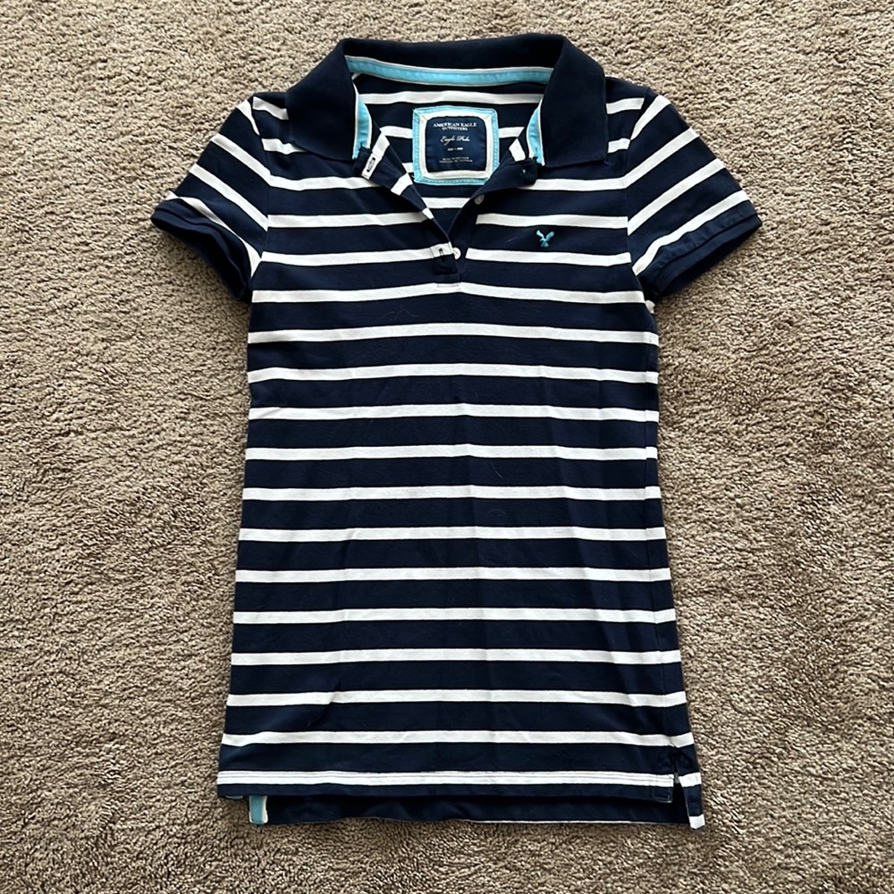American eagle navy and white striped polo shirt